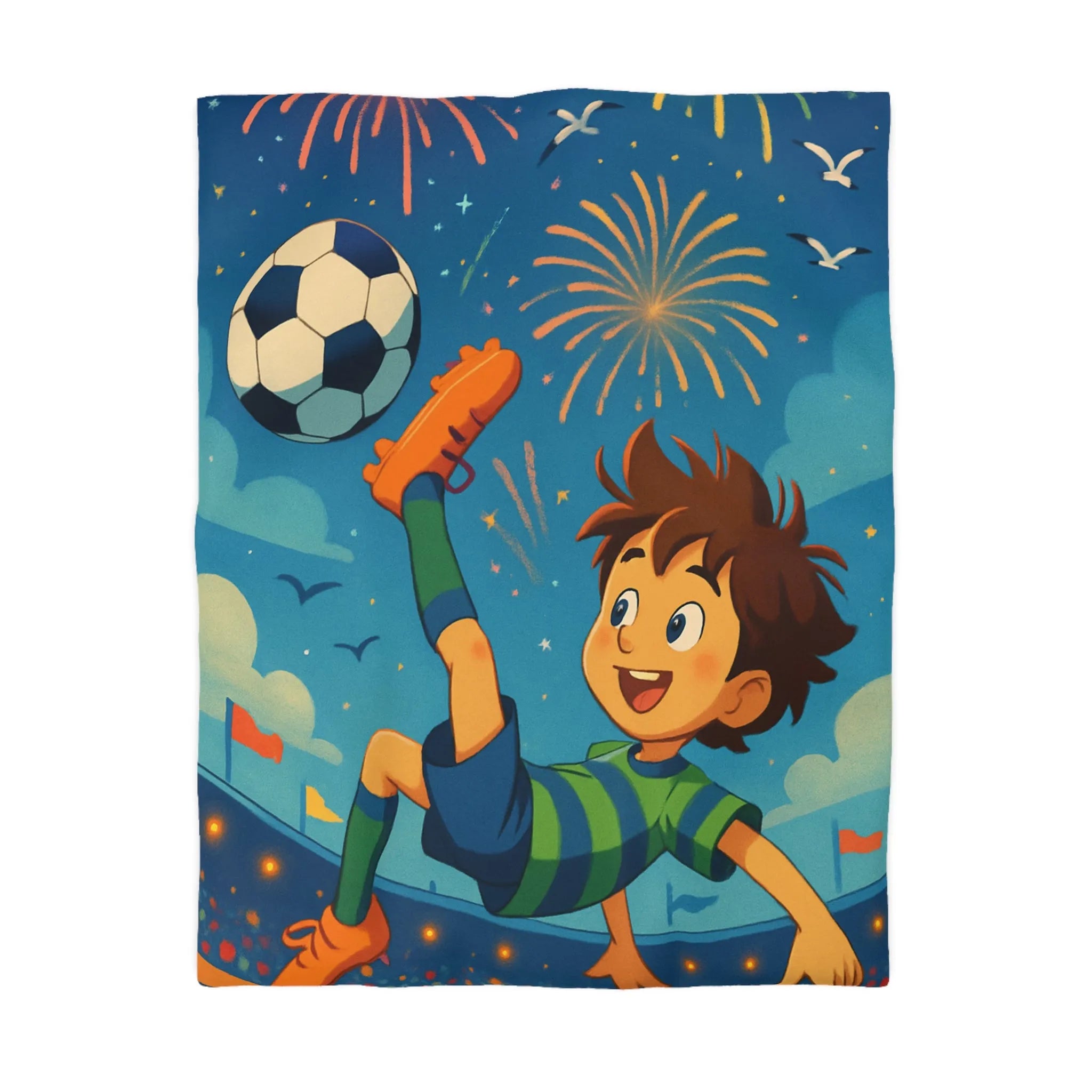 Housse de Couette Enfant Festive avec Football et Feux d'Artifice Multicolores Animés