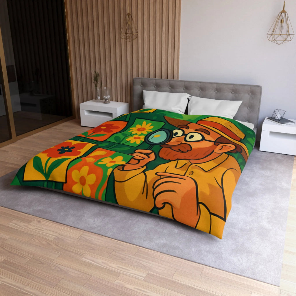 Housse de couette florale colorée avec botaniste examinant des illustrations en pleine nature