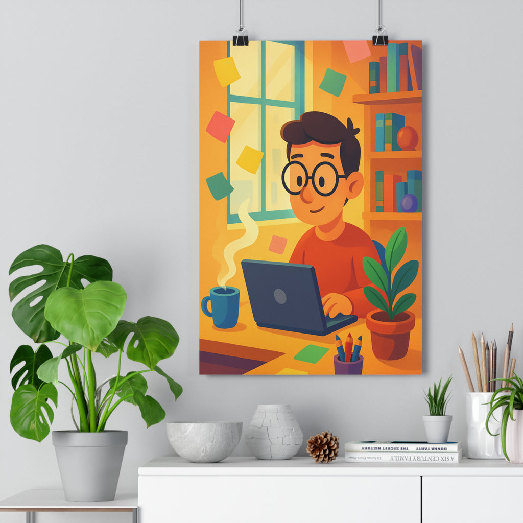 Poster décoratif cartoon pastel bureau paisible chaleureux plante notes sourire travail design ambiance qualité