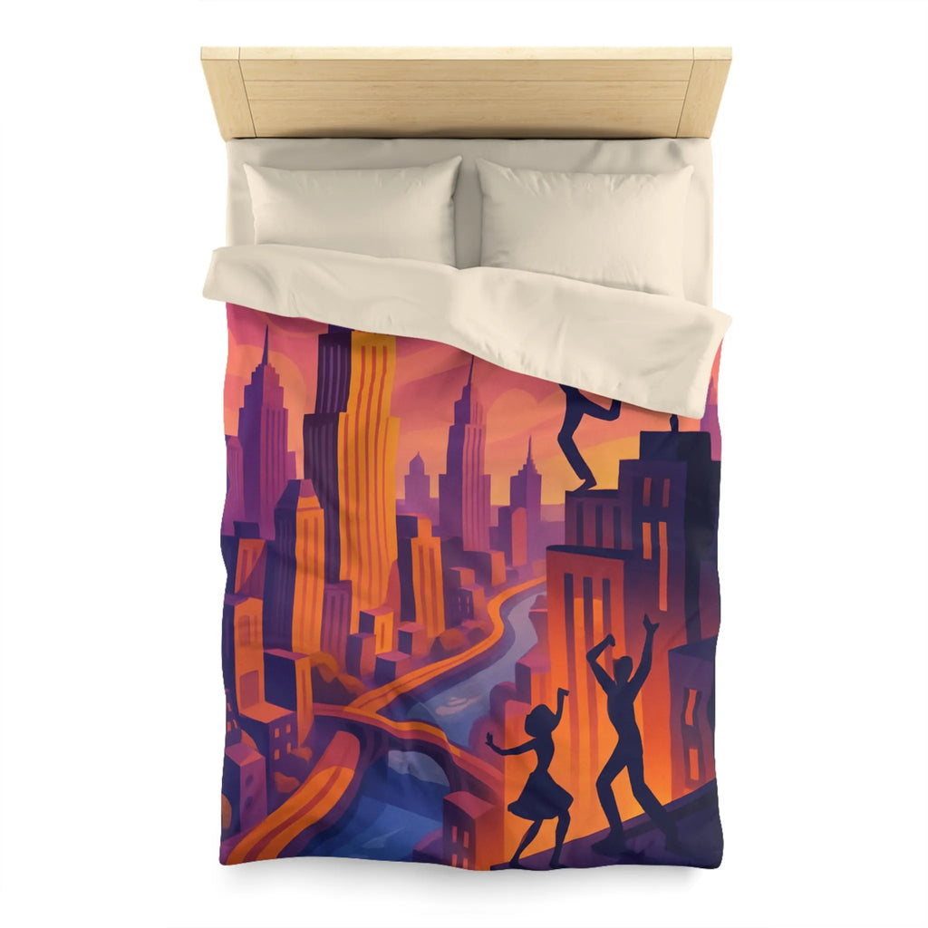 Housse de Couette avec Danseurs et Ville au Coucher de Soleil, Tonalités Vibrantes