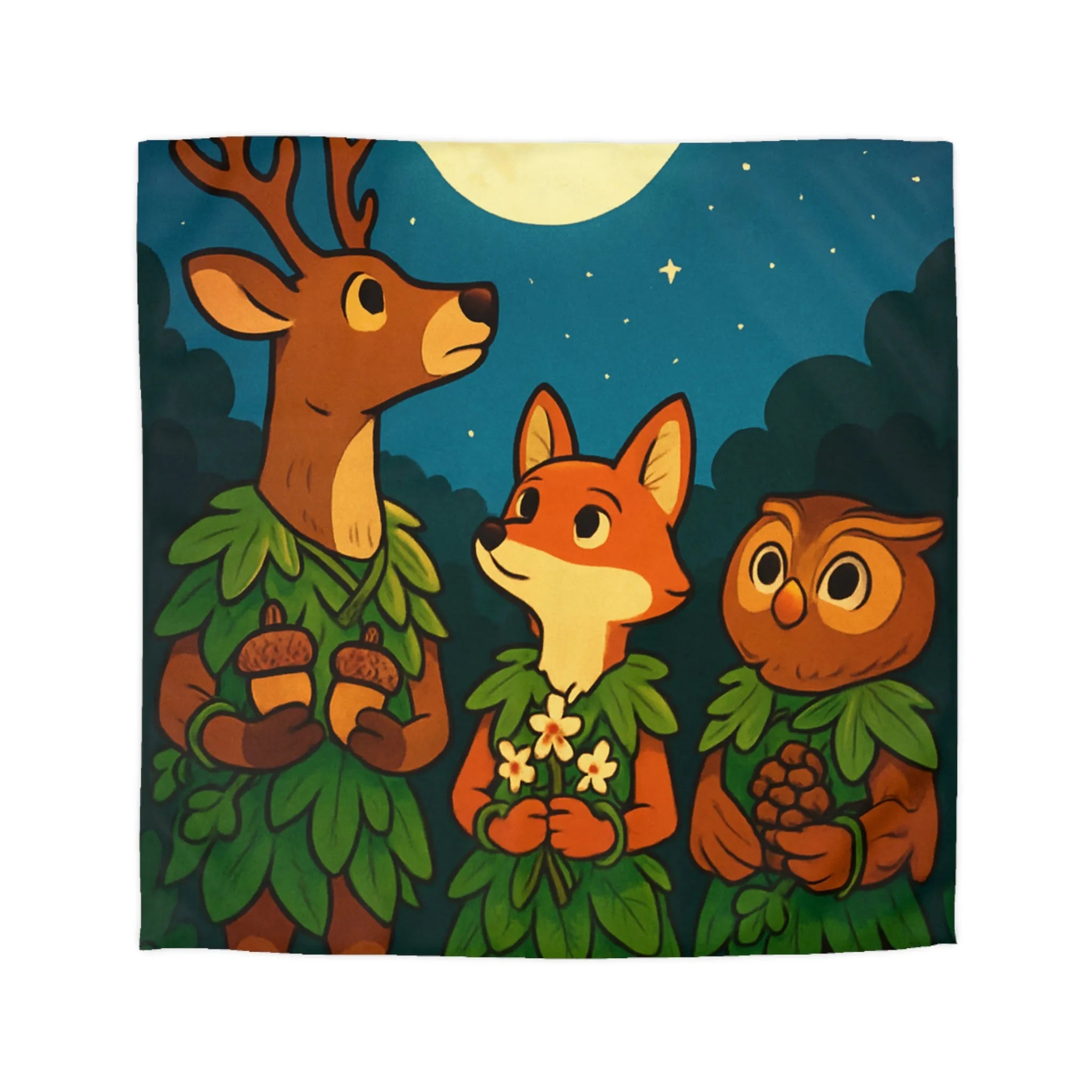 Housse de couette animalière magique avec cerf, renard et hibou sous la pleine lune