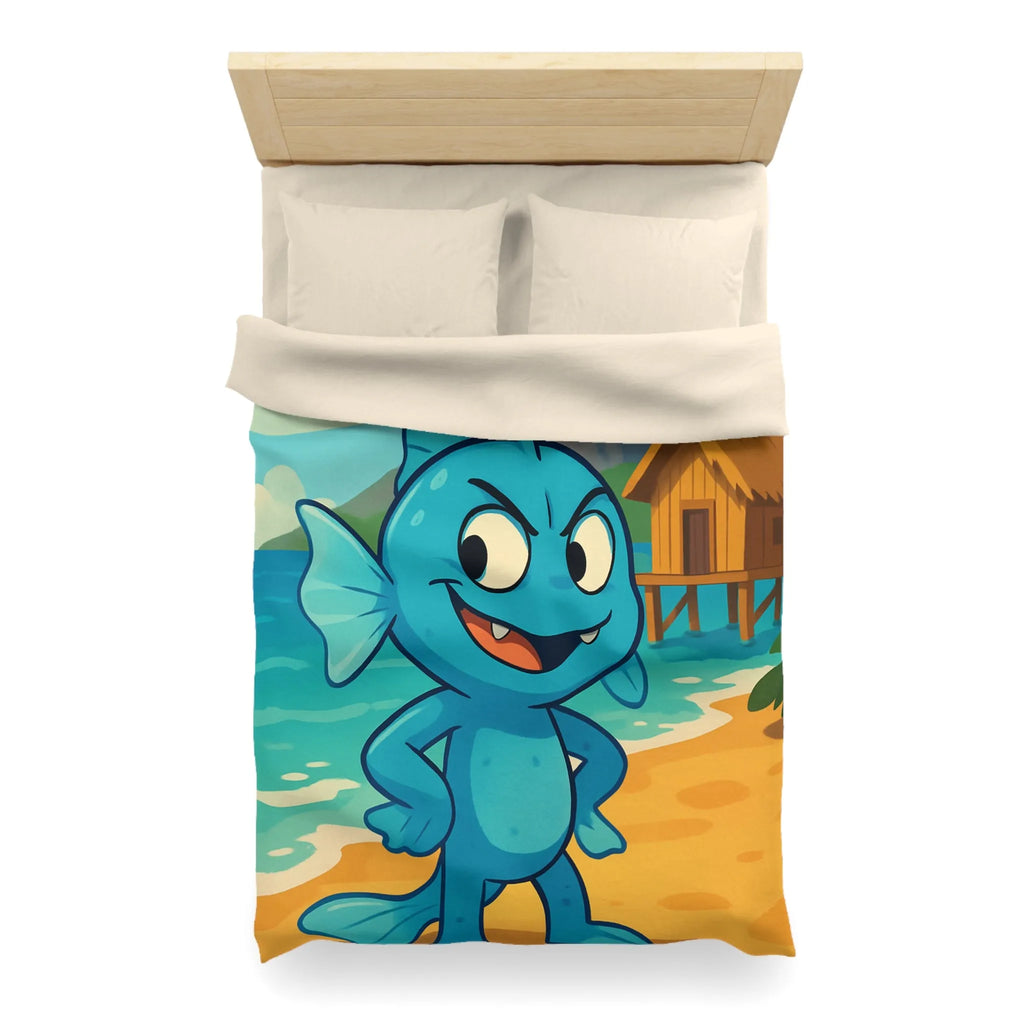 Housse de couette île tropicale avec poisson bleu et volcan en arrière-plan