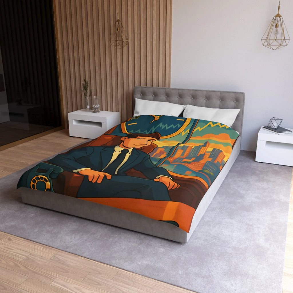 Élégante housse de couette avec homme d'affaires et horizon urbain stylisé en coucher de soleil