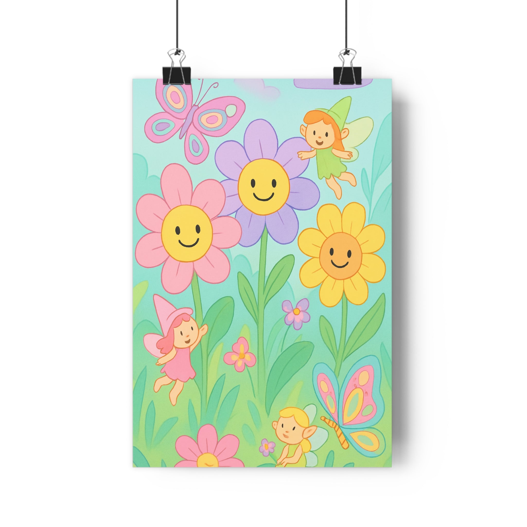 Poster décoratif cartoon enchanté rose violet jaune féerique joyeux enfant chambre fées jardin magique