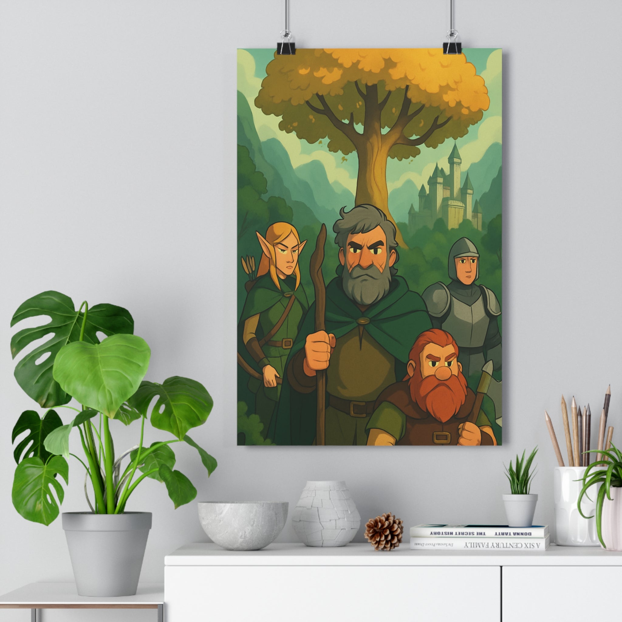Poster décoratif aventure vert doré épique chambre fantasy dessin doux personnages arbre chevalier nain