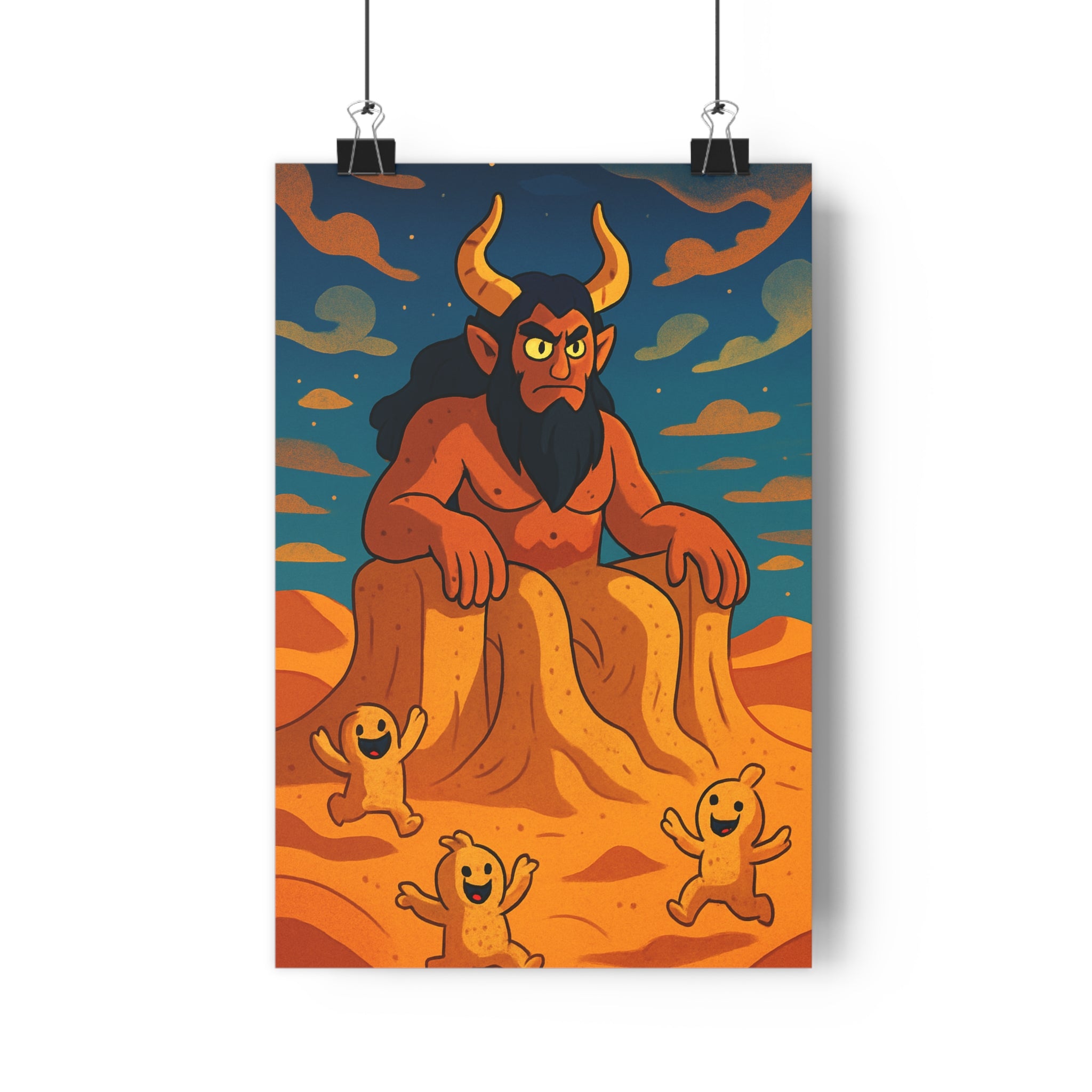 Poster décoratif cartoon mythologique géant cornes créatures sable doré bleu orange fantastique chambre qualité