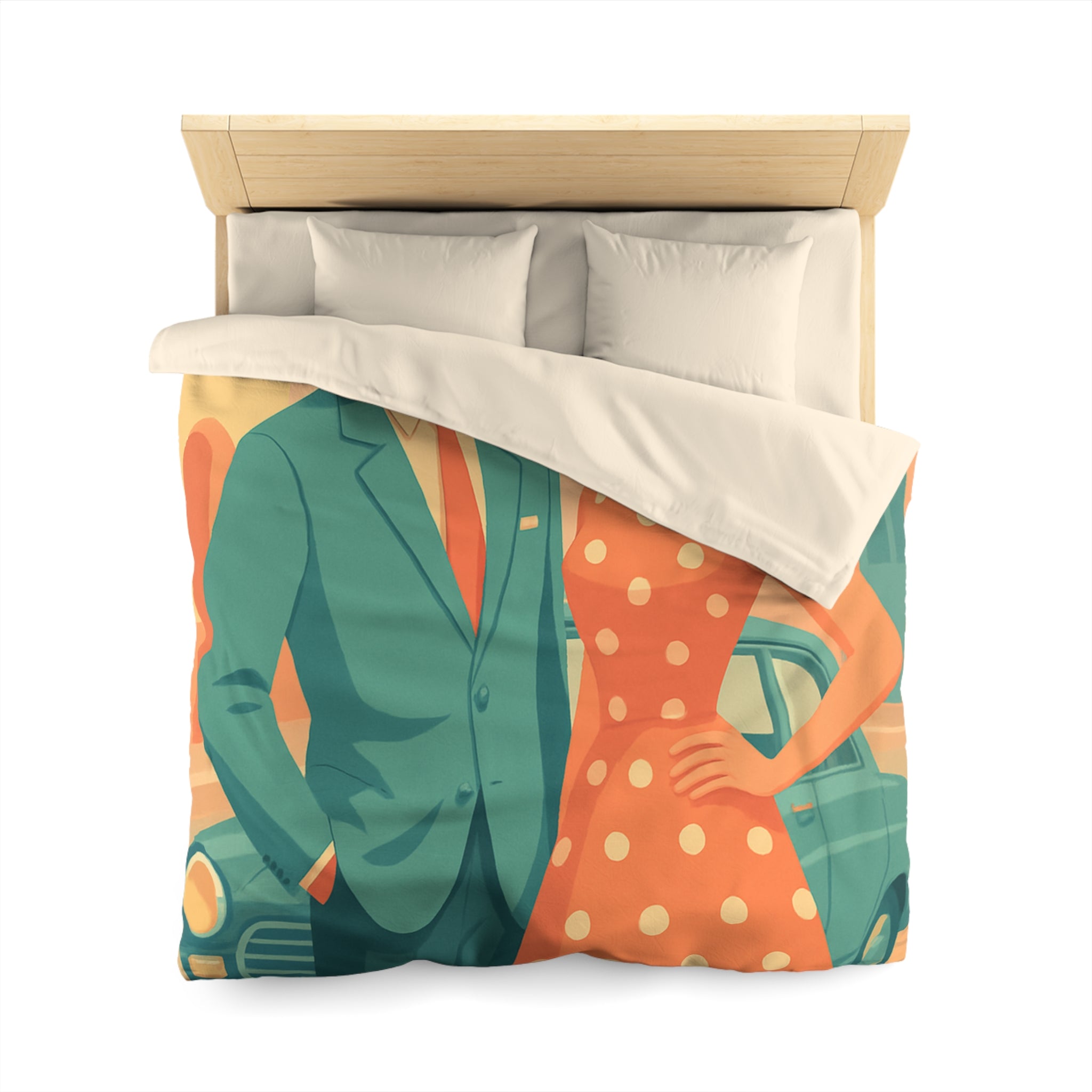 Housse de couette vintage rétro avec couple élégant en habits années 50 chic