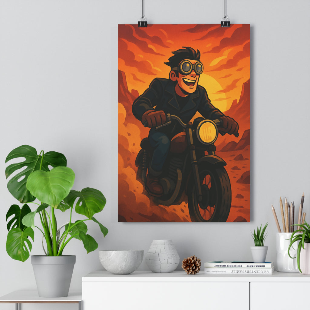 Poster décoratif cartoon orange brun aventure dynamique chambre salon bureau joyeux personnage stylisé moto