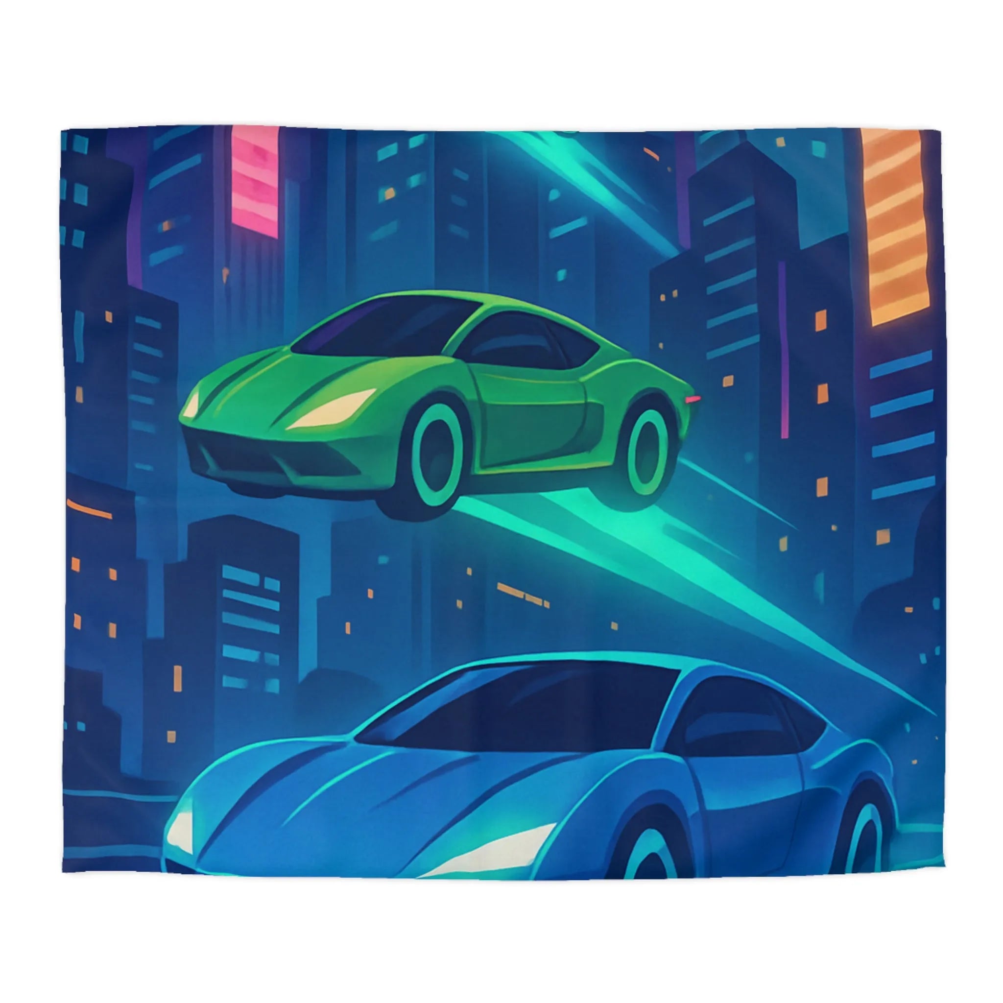 Découvrez des voitures futuristes illuminées flottant dans un ciel urbain nocturne vibrant