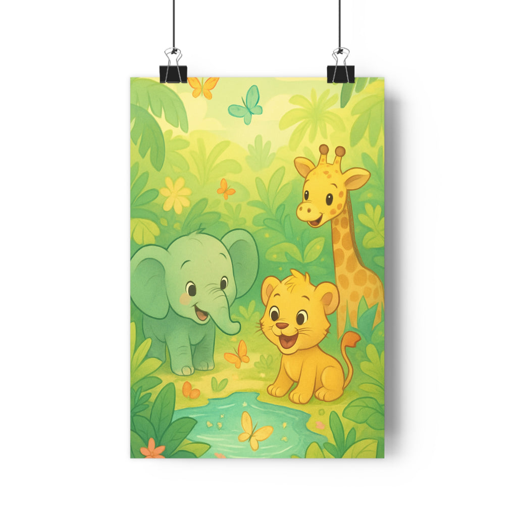 Poster décoratif éléphanteau lionceau girafe jungle coloré cartoon joyeux enfant chambre murale vibrant 30x46