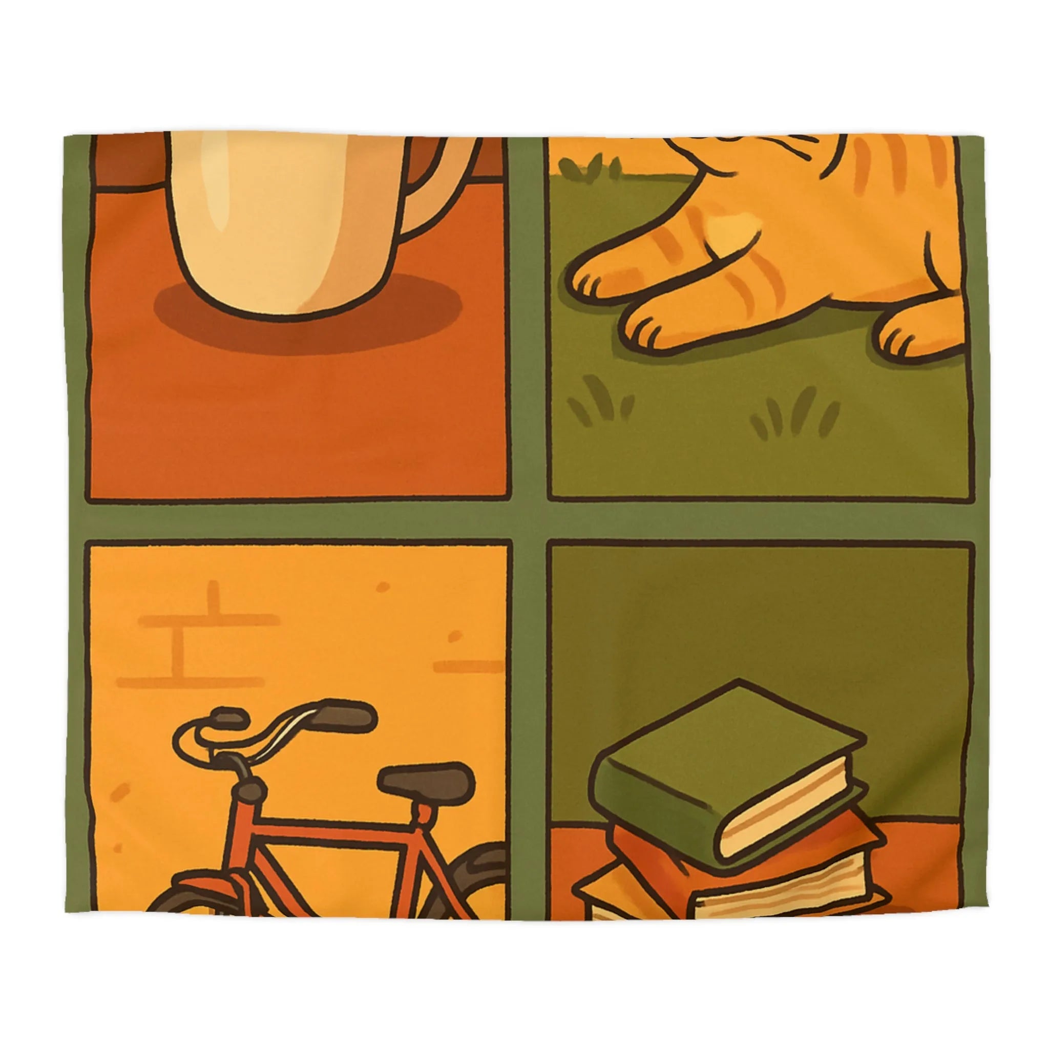 Housse de Couette Décontractée avec Chat Orange, Café, Vélo et Livres Colorés