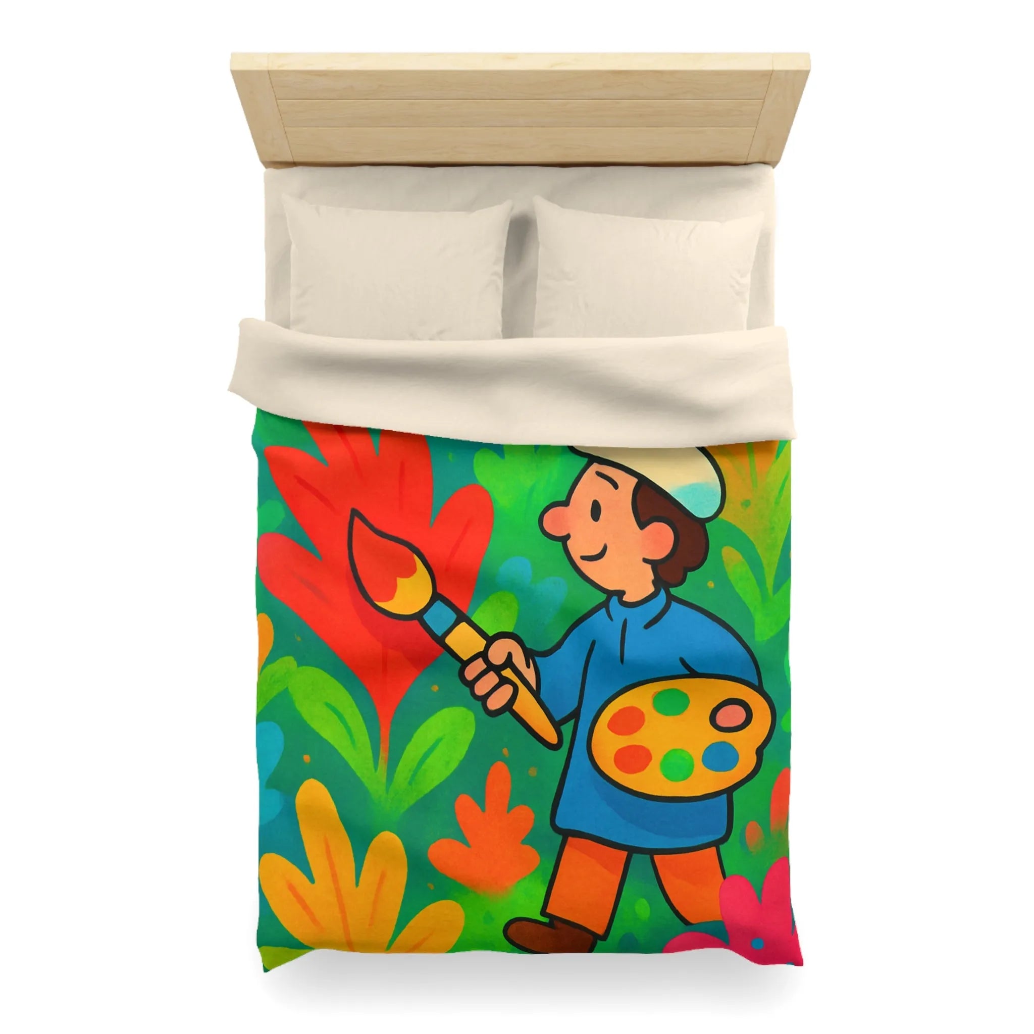 Housse de couette colorée avec artiste et végétation vibrante pour décoration joyeuse