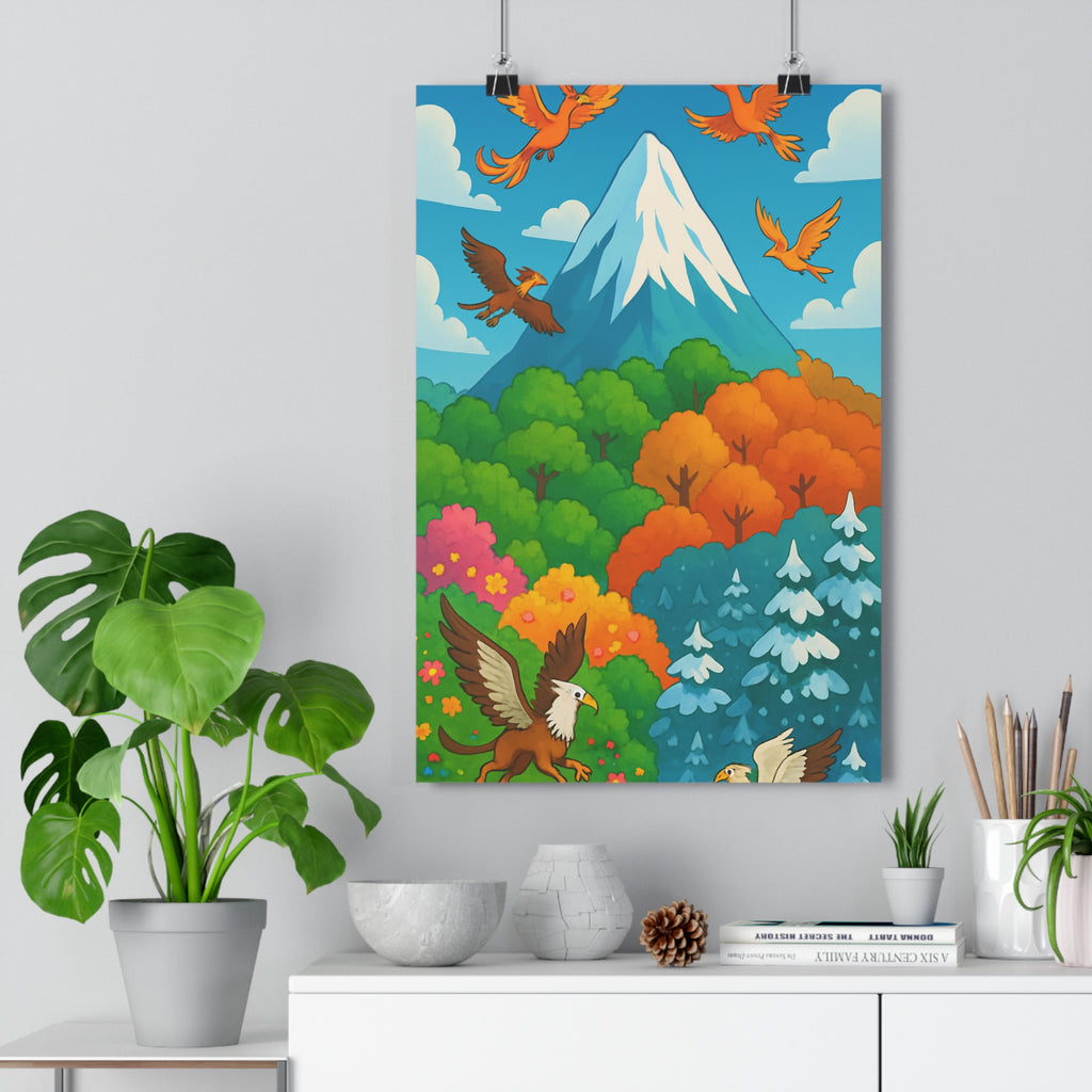 Poster décoratif montagne magique forêt vert orange bleu animé joyeux salon chambre ambiance nature