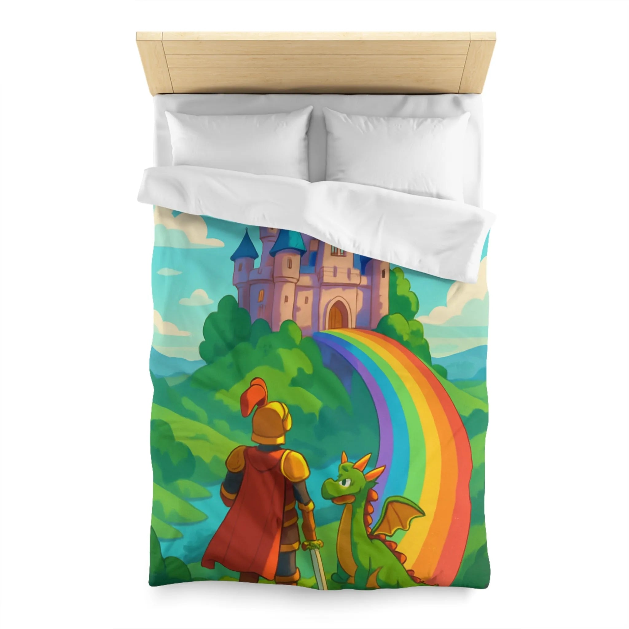 Housse de couette féérique avec chevalier, dragon et château sur arc-en-ciel magique