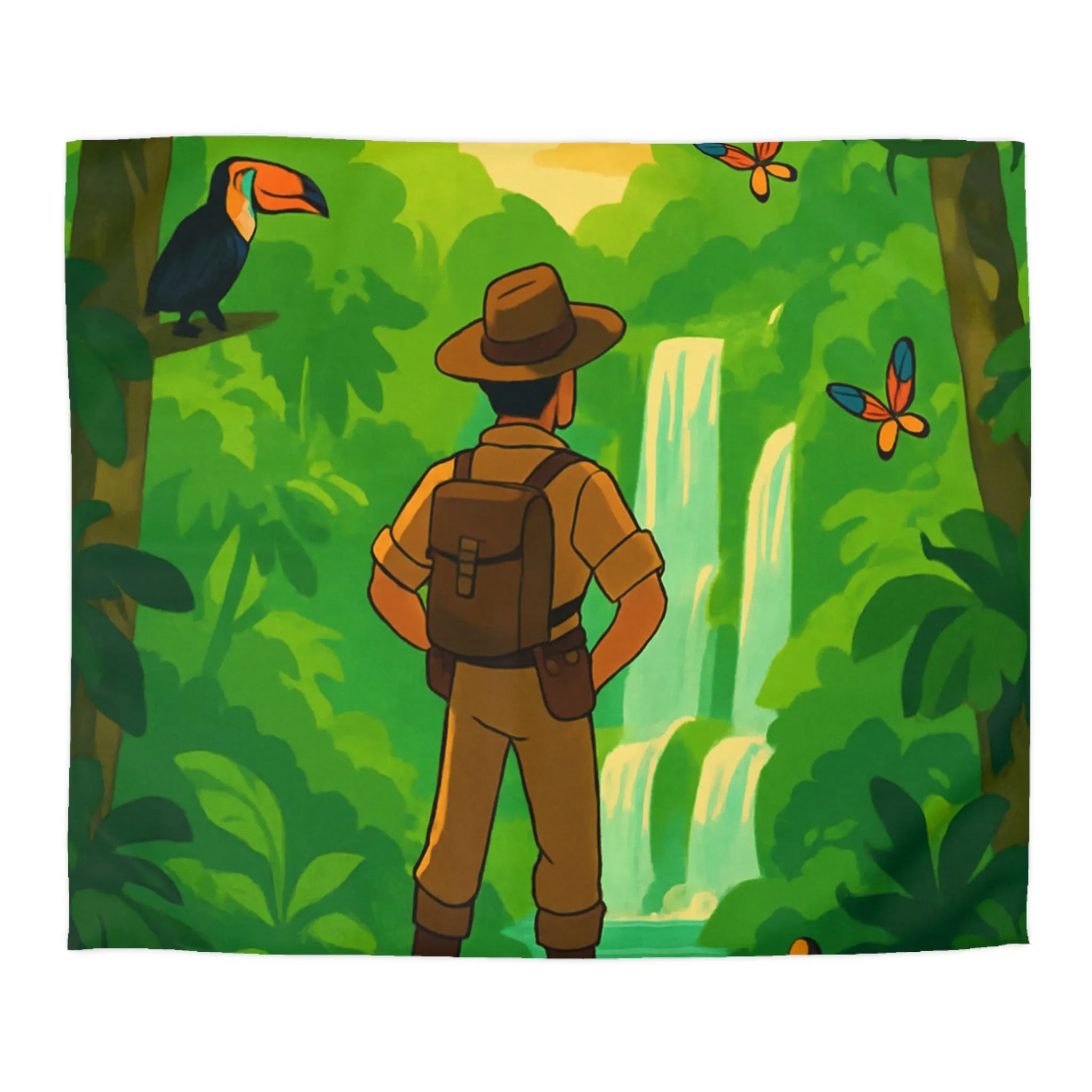 Housse de couette jungle exotique avec explorateur, toucan et paysages luxuriants