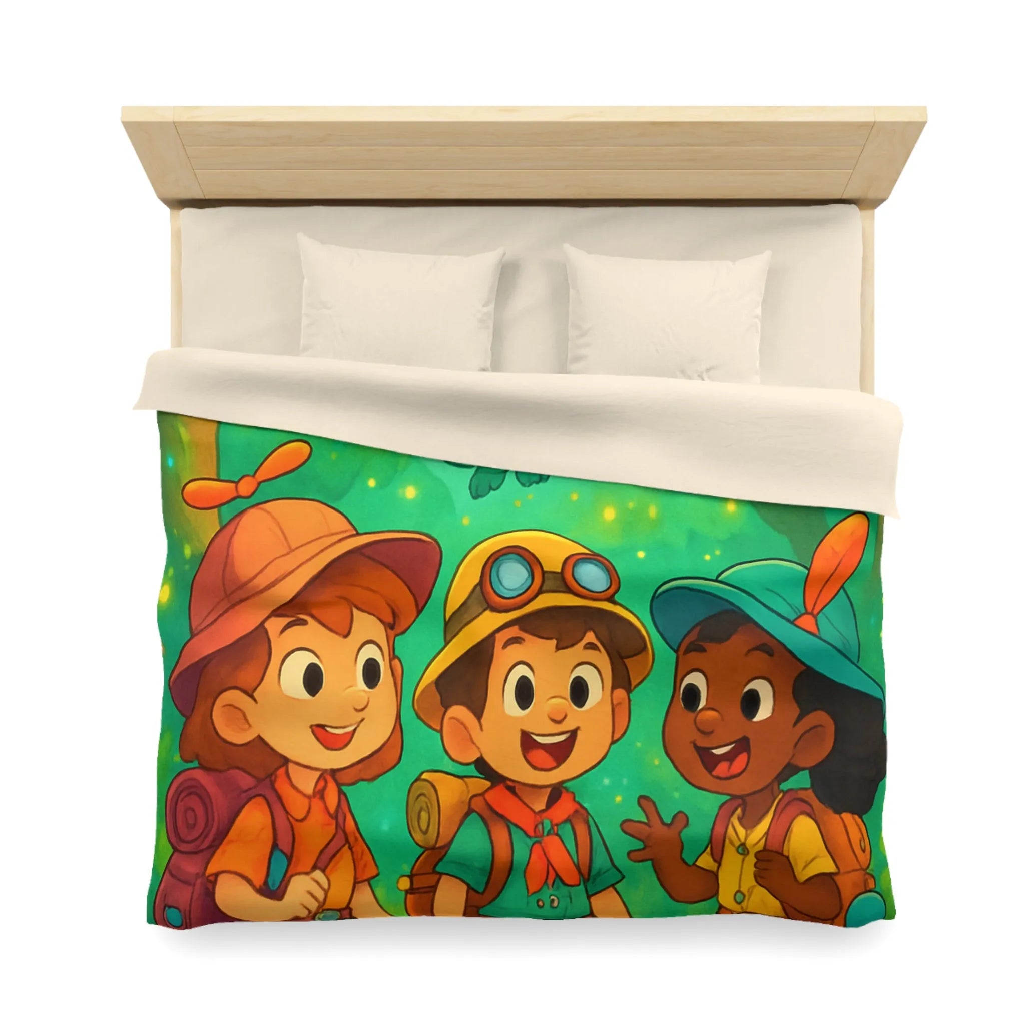 Housse de couette enfants aventure forêt avec dragons et jeunes explorateurs joyeux