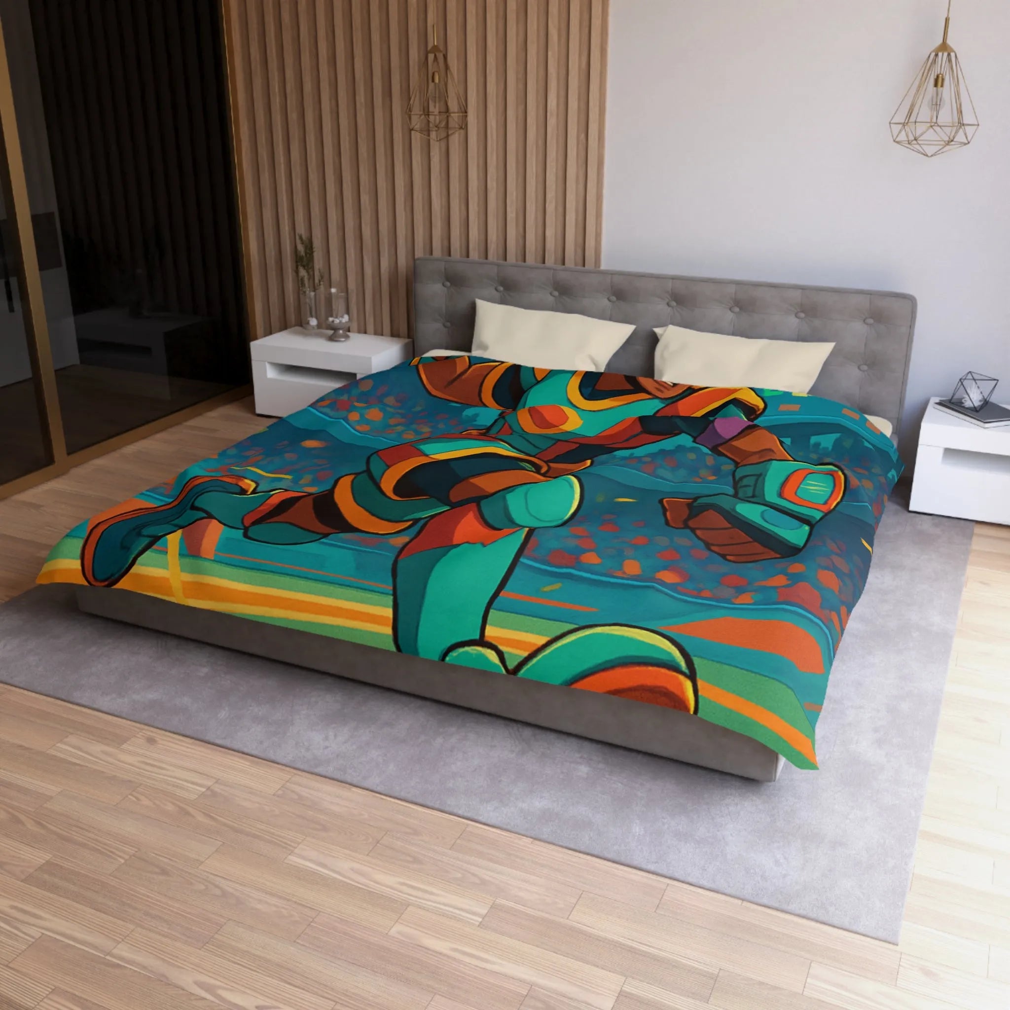 Housse de couette colorée avec joueur futuriste en action dans un stade dynamique