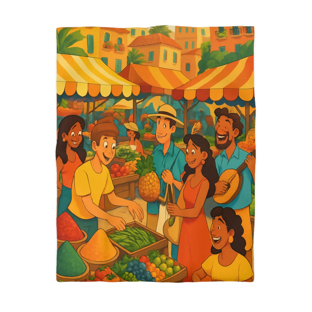 Housse de couette illustrant marché animé avec couleurs chaudes et ambiance festive