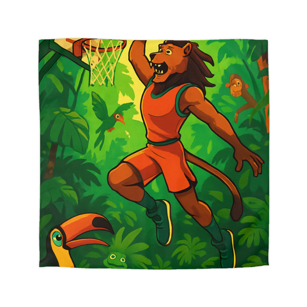 Housse de couette vibrante avec lion jouant au basket dans la jungle colorée