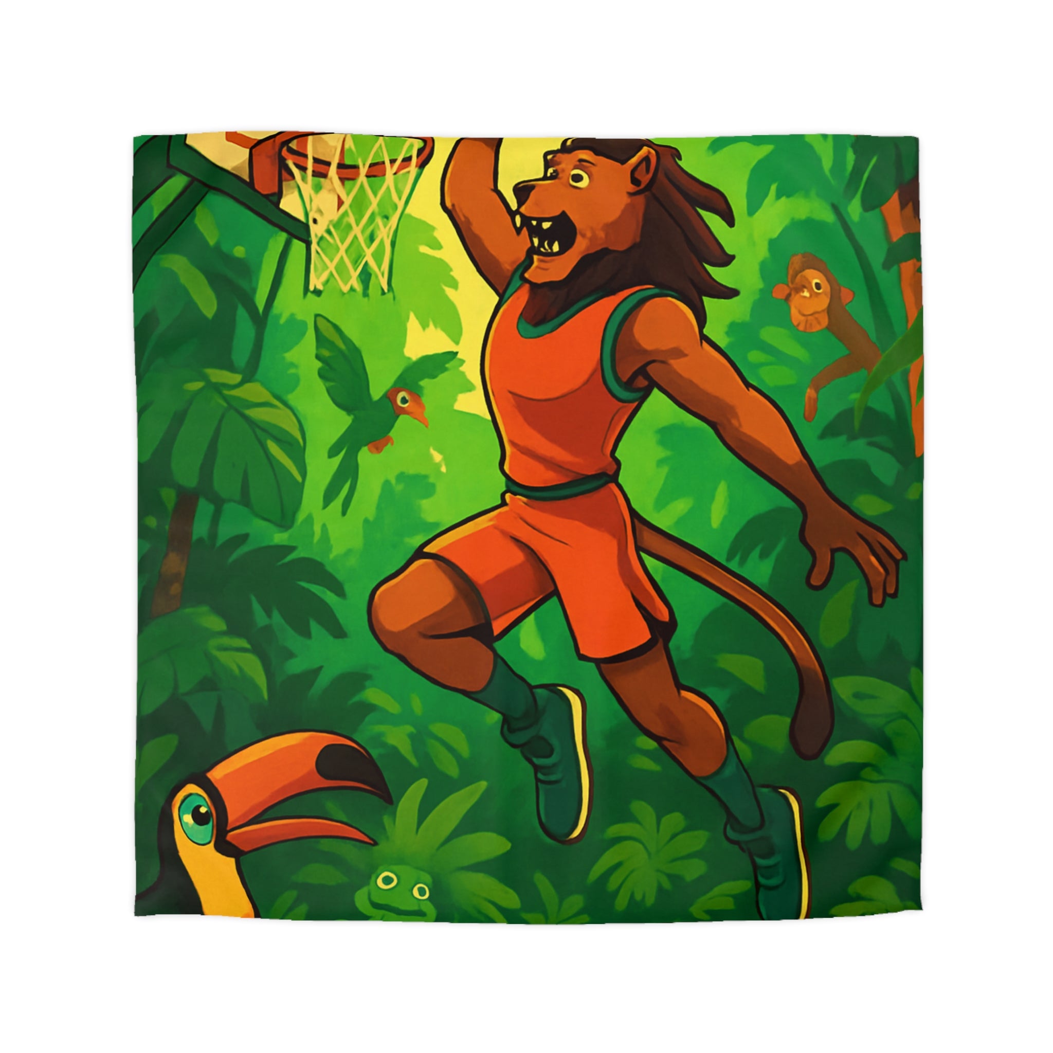 Housse de couette vibrante avec lion jouant au basket dans la jungle colorée