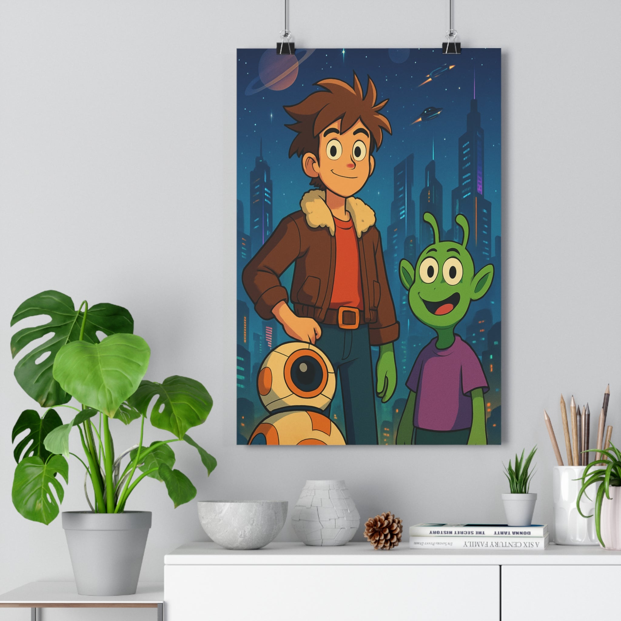 Poster décoratif aventure coloré futuriste chambre enfant scène dynamique étoilé espace robot vaisseau ville