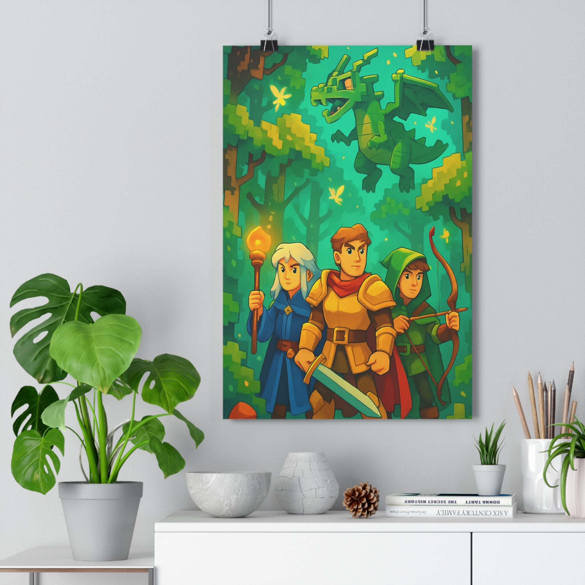 Poster décoratif pixel art aventure coloré vibrant chambre gamer fantastique guerrier dragon magique archer