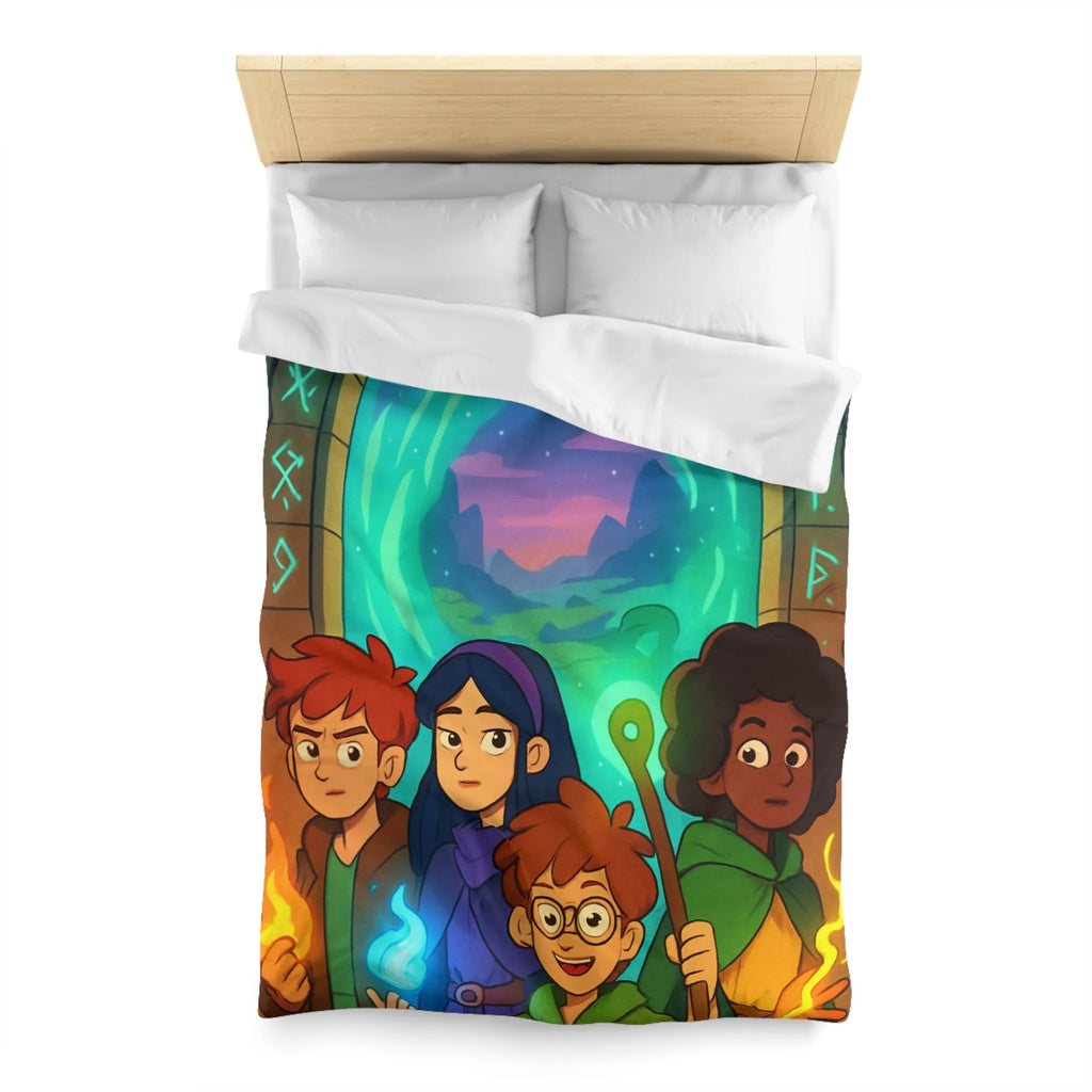 Housse de couette magique avec aventuriers devant portail et runes lumineuses