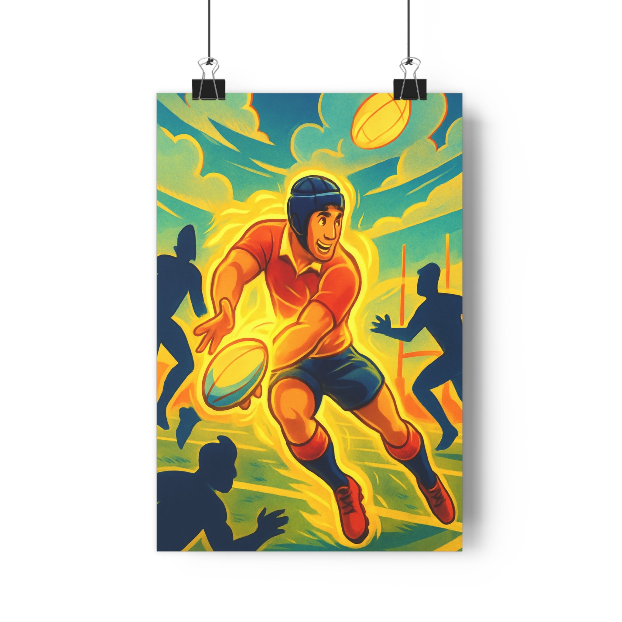 Poster décoratif sportif rugby rouge jaune dynamique moderne salon chambre animation énergie joueur ballon