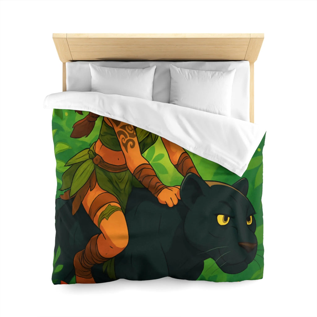 Housse de couette jungle avec fille guerrière et panthère noire pour chambre colorée