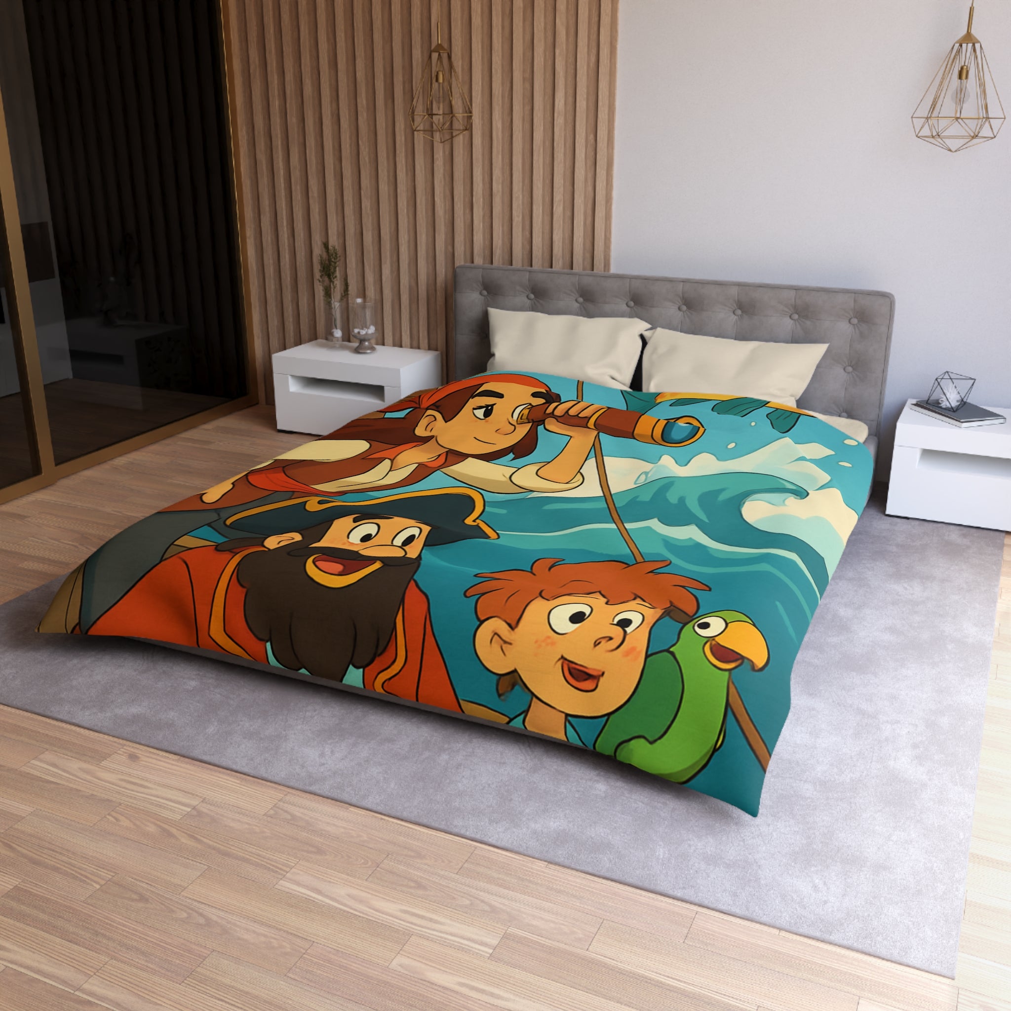 Housse de couette pirate avec poisson doré et personnages aventuriers sur l'océan
