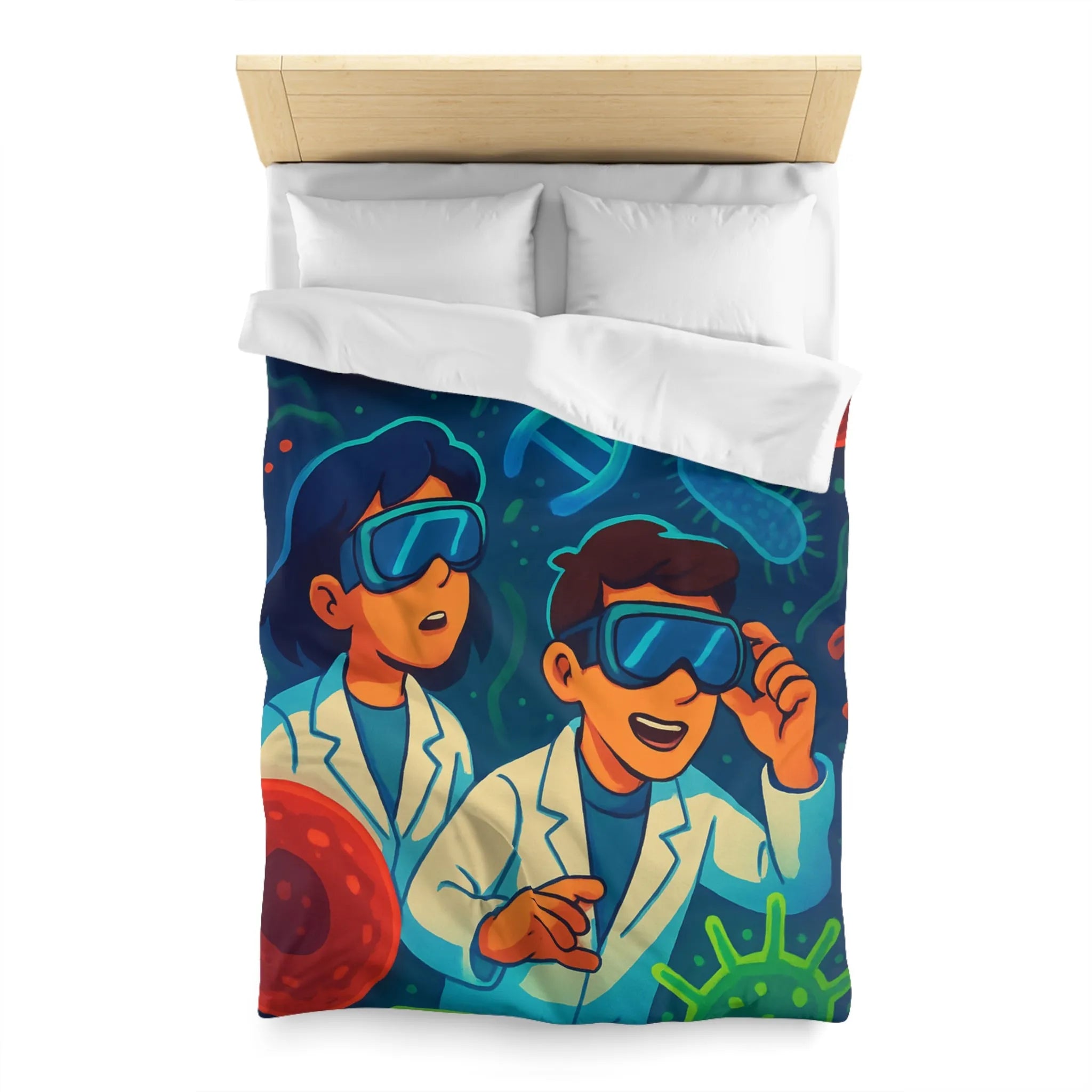 Drap housse scientifique ludique avec chercheurs et microbes éclatants en couleurs vibrantes et vives