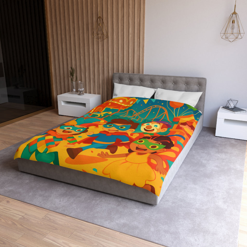 Joyeuse fête foraine avec enfants costumés courant joyeusement parmi attractions colorées nocturnes