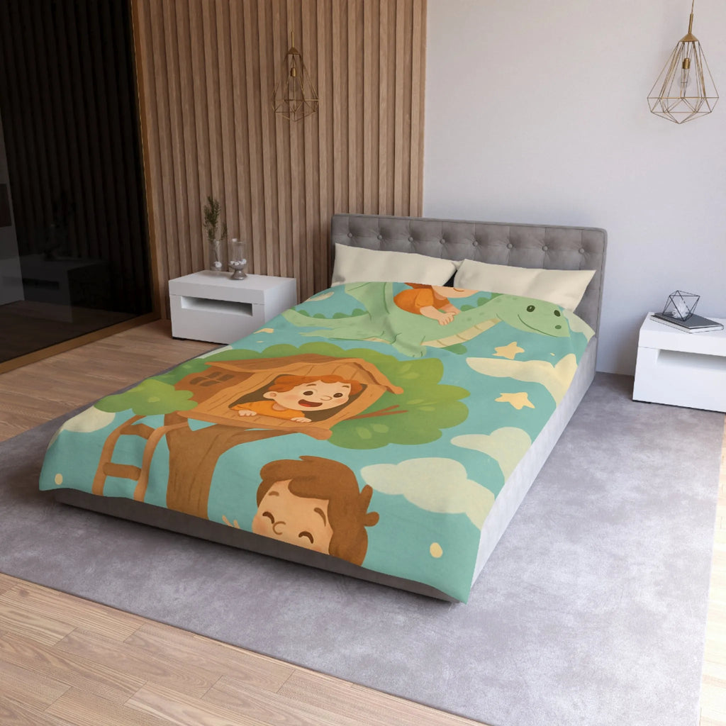 Housse de Couette Enfant Colorée avec Dragon, Maisonnette Arbre et Étoiles Féeriques