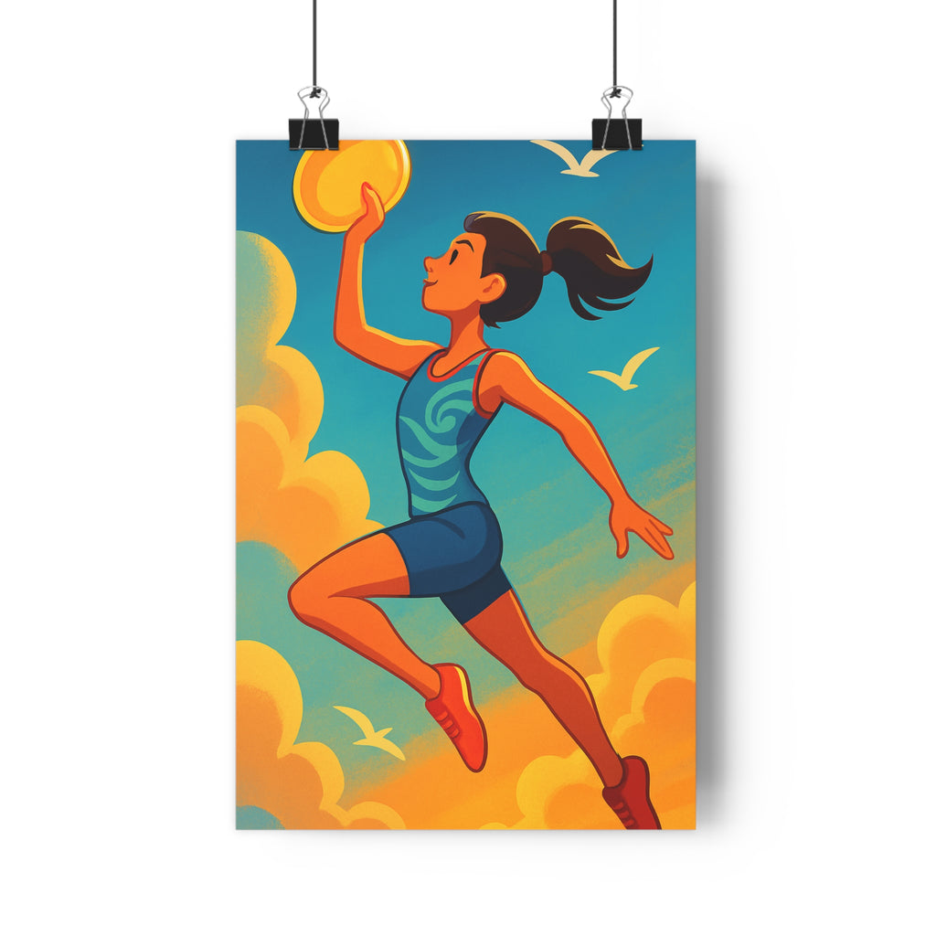 Poster décoratif cartoon dynamique joyeux athlète disque doré bleu orange chambre sport 30x46 cm