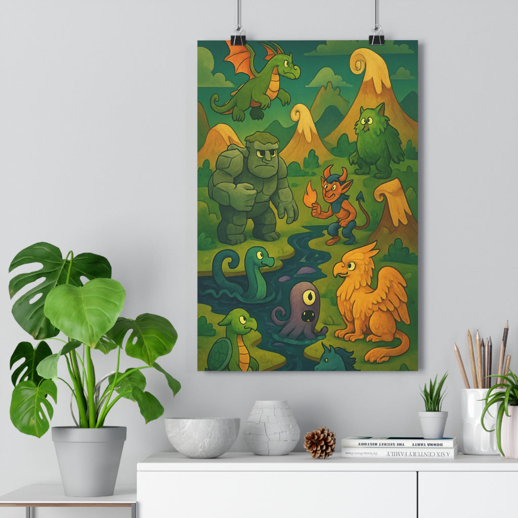 Poster décoratif cartoon légendaire vert orange mystique enfant fantasy chambre aventure magique épique fantastique