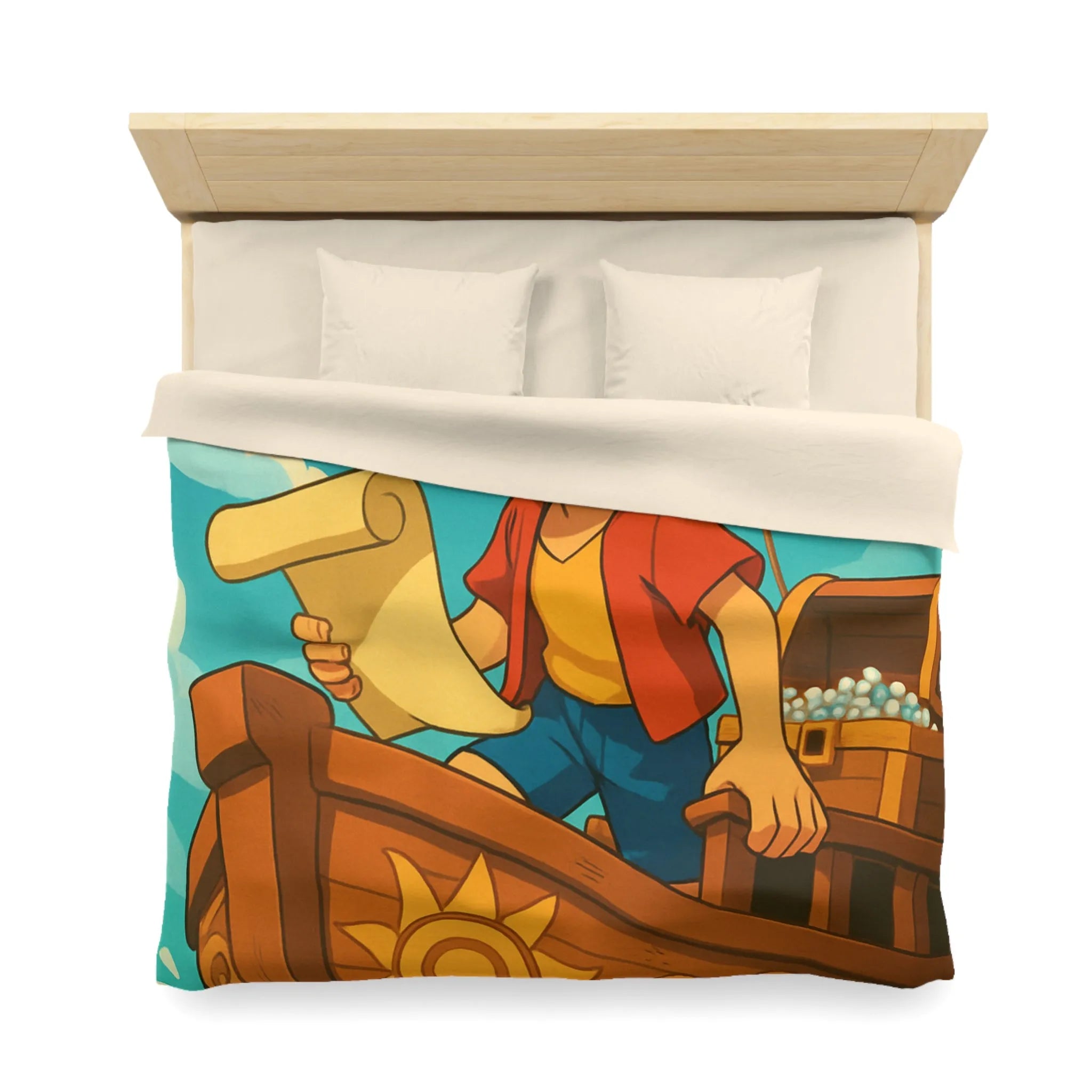 Douce housse de couette enfant motif pirate joyeux en bateau sur vagues bleues