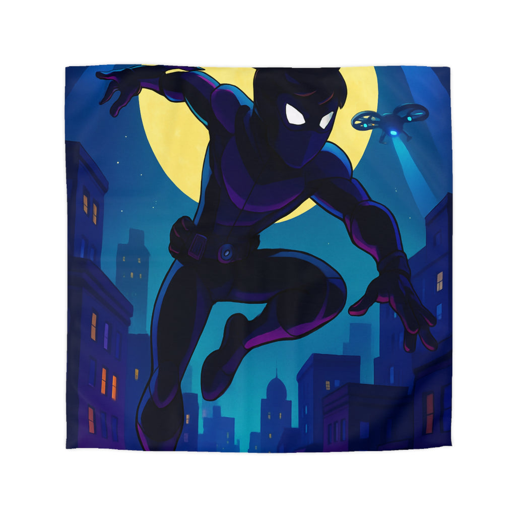 Housse de couette super-héros noir sautant devant une pleine lune et des drones urbains