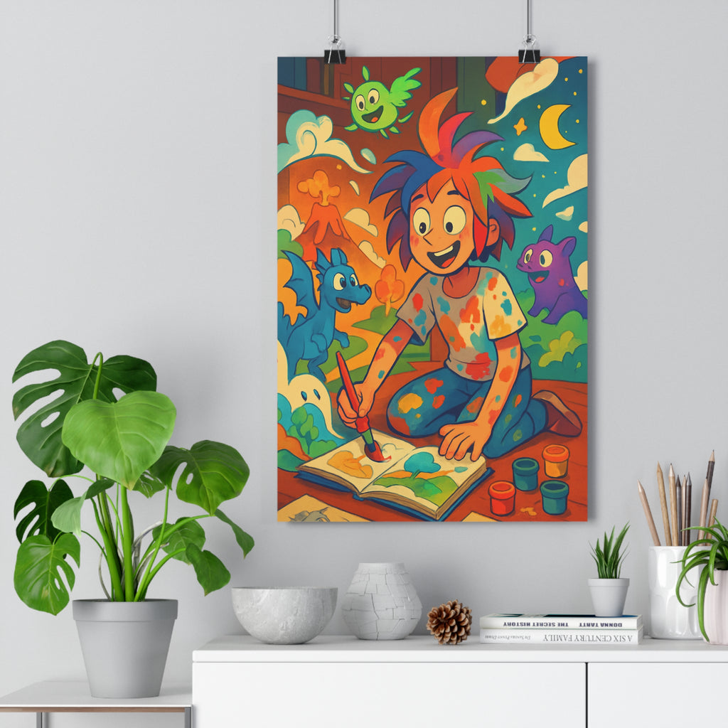 Poster décoratif enfant créatif bleu orange vert aventure joyeux moderne chambre dynamique illustration colorée