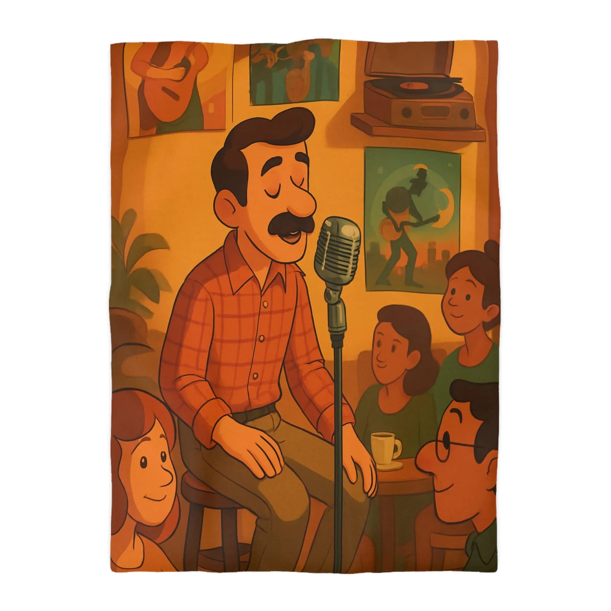 Housse de couette au design rétro avec scène musicale chaleureuse pour ambiance vintage