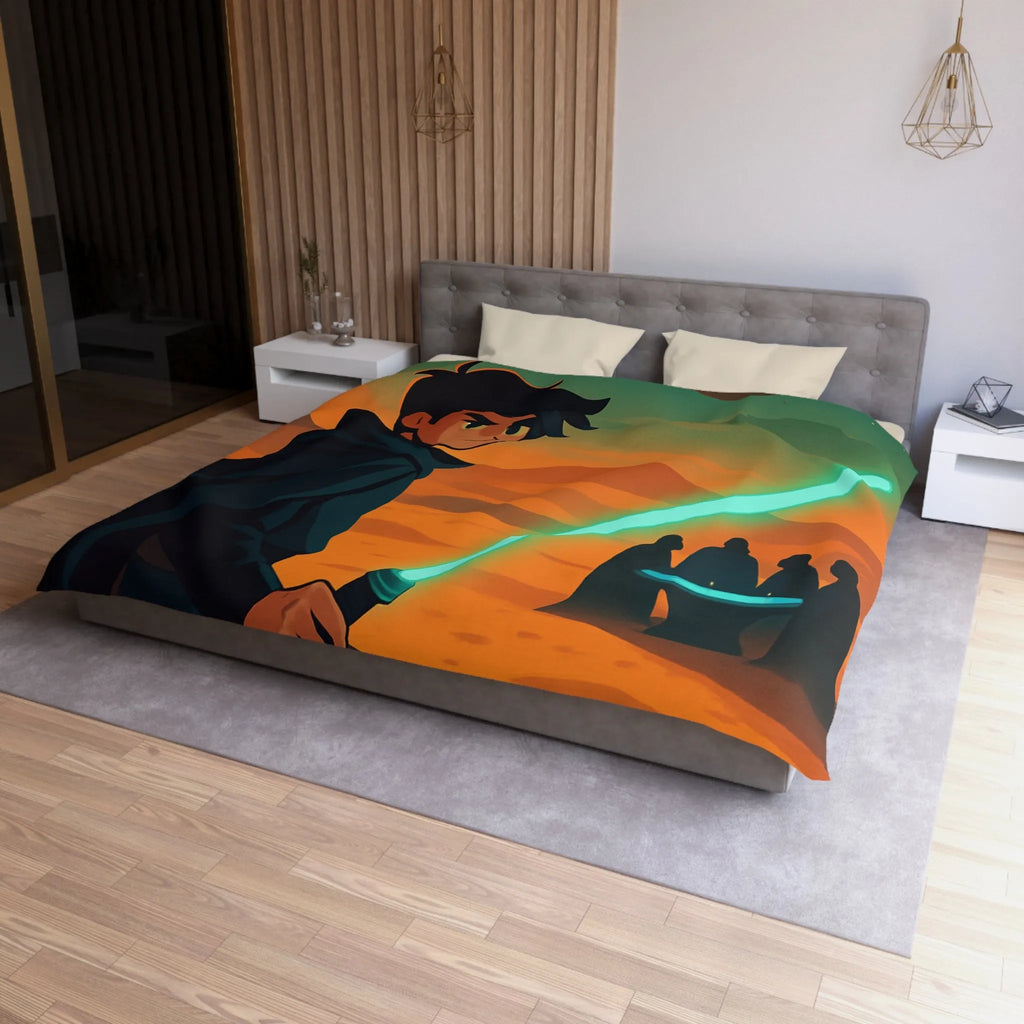 Épique scène de science-fiction avec héros sabre lumineux et vaisseau spatial en arrière-plan