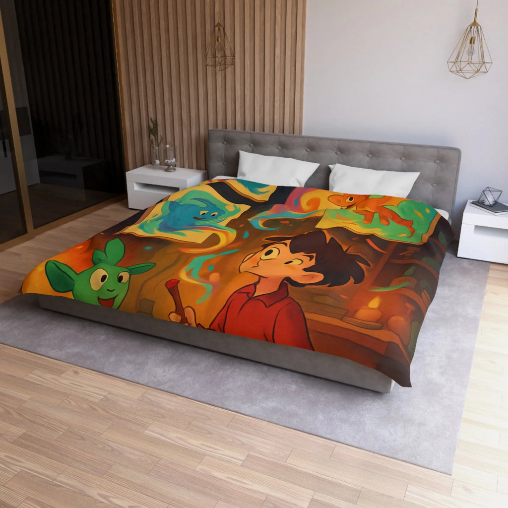 Housse de couette magique illustrant un artiste jeunesse avec créatures fantastiques et peintures lumineuses