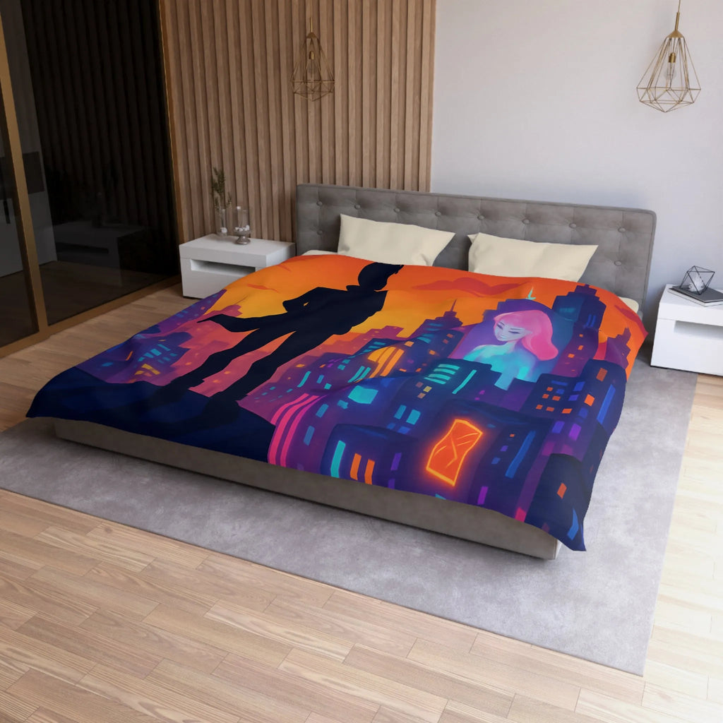 Housse de couette futuriste avec silhouette urbaine et couleurs vibrantes pour chambre moderne