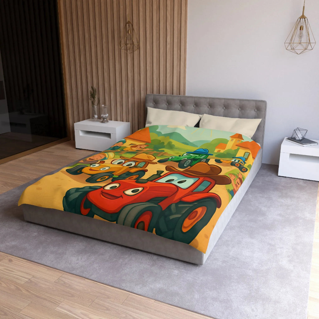 Housse de Couette Enfants Motif Tracteurs Souriants Champs Paysans Ensoleillés et Amusants