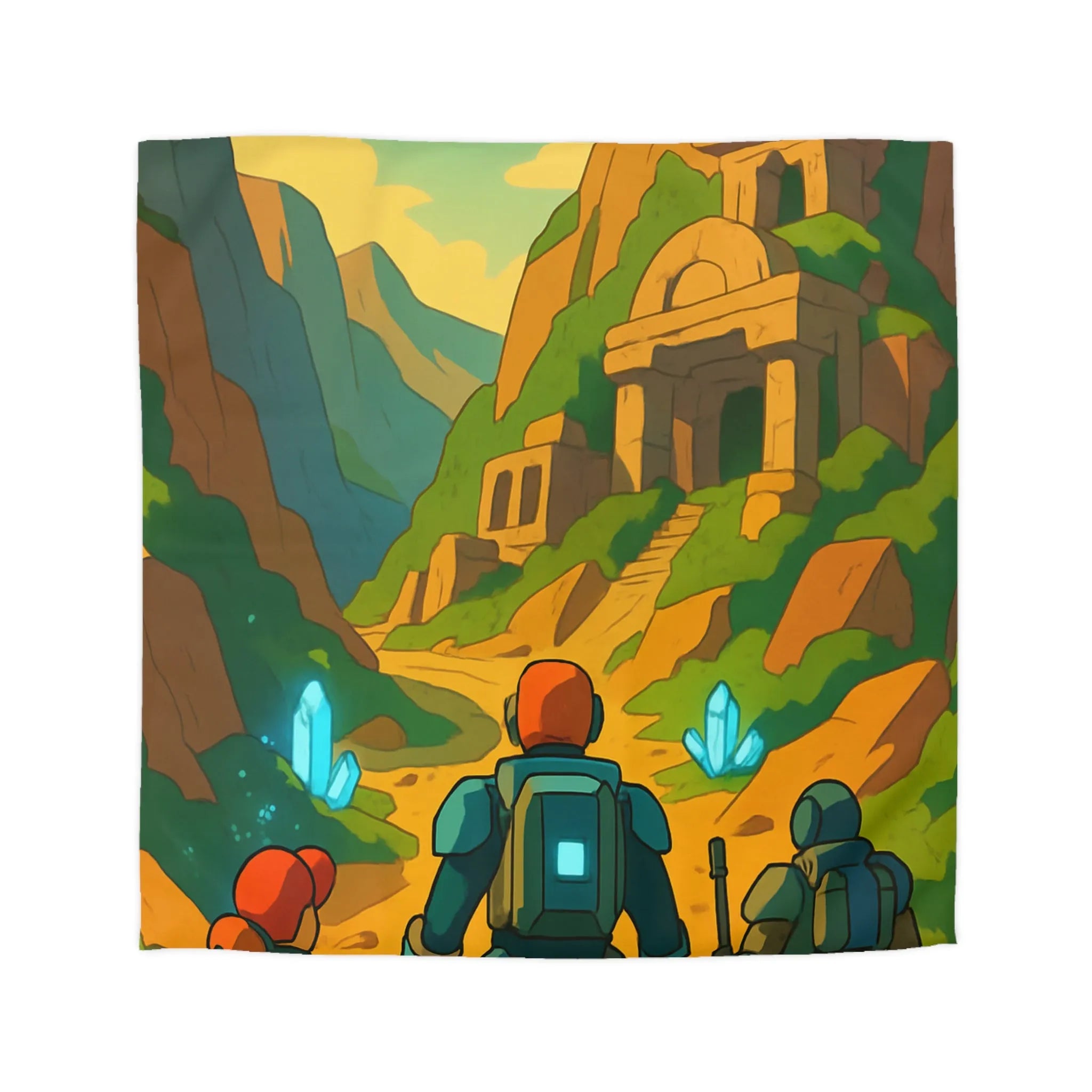 Housse de couette aventure futuriste espace, paysage montagne, explorateurs, vaisseaux et cristaux bleus