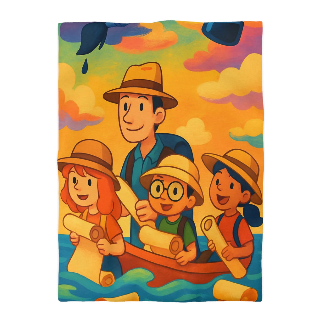 Housse de couette artistique avec aventure colorée en famille sur fond vibrantly ensoleillé