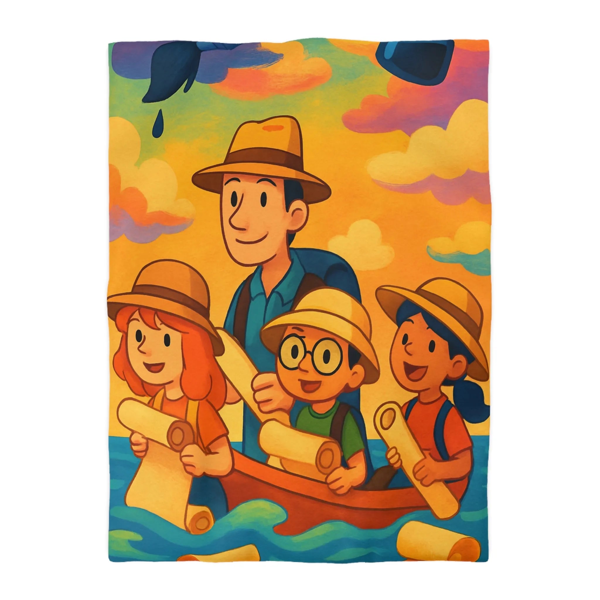 Housse de couette artistique avec aventure colorée en famille sur fond vibrantly ensoleillé