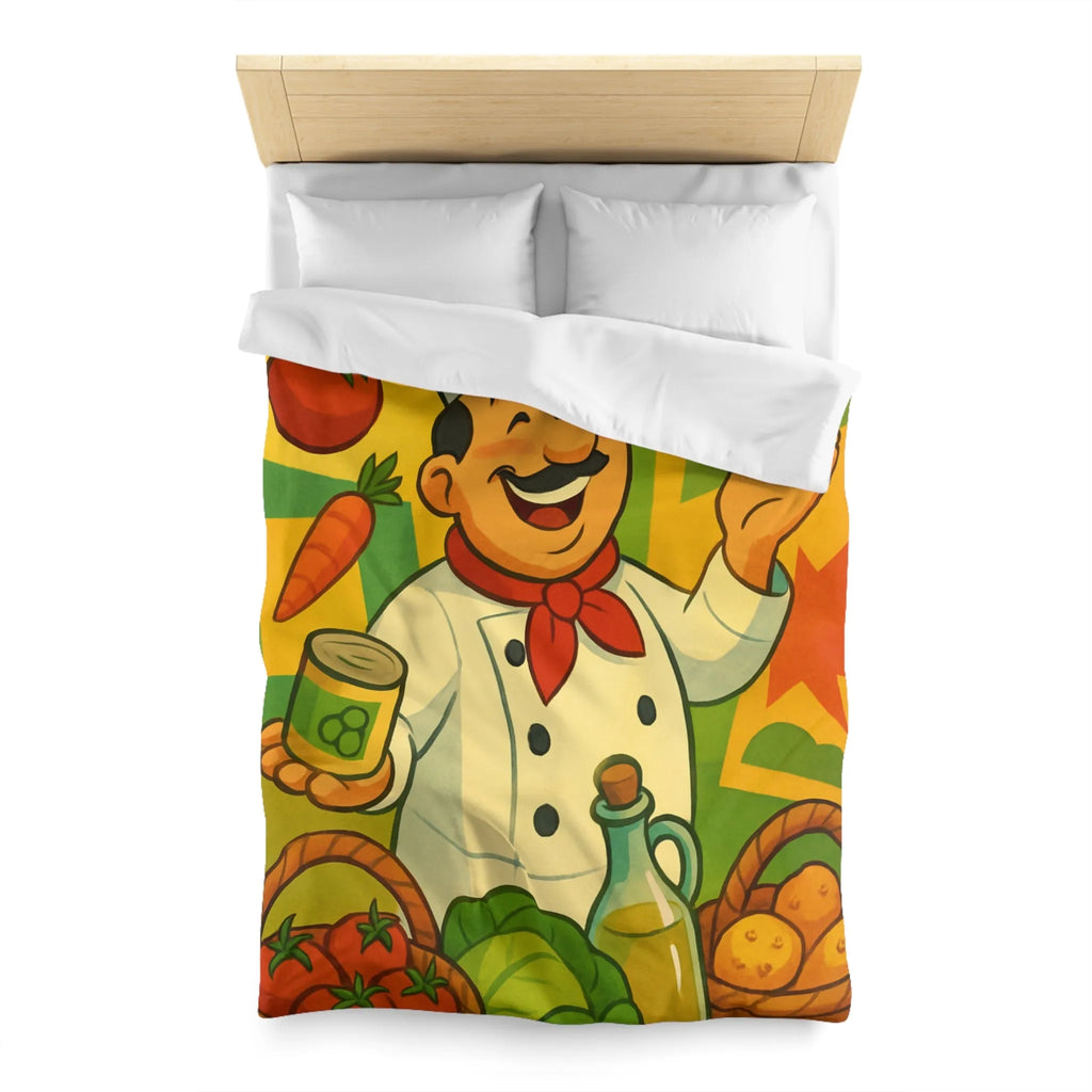 Housse de Couette Illustrée de Chef Heureux avec légumes et Pizza Méditerranéenne Colorée