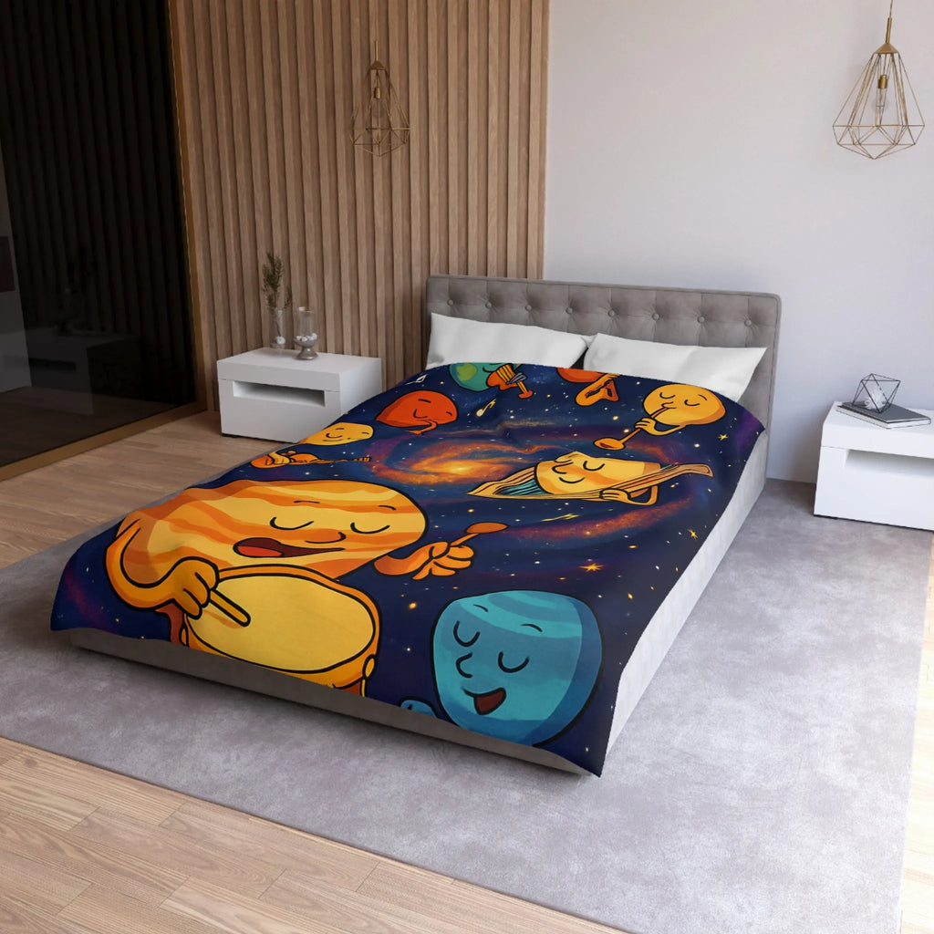 Ensemble joyeux de planètes musiciennes dans l'univers coloré pour housse de couette enfant