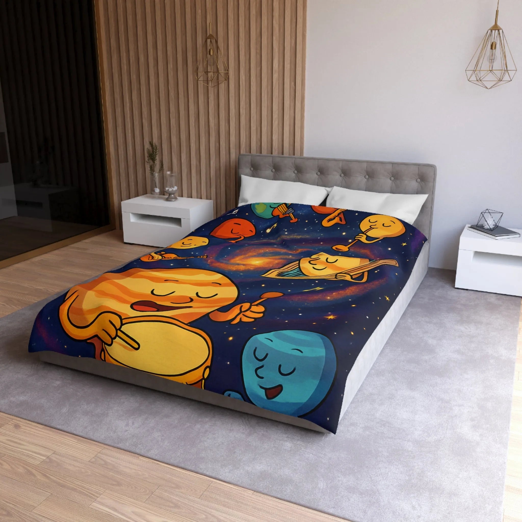 Ensemble joyeux de planètes musiciennes dans l'univers coloré pour housse de couette enfant
