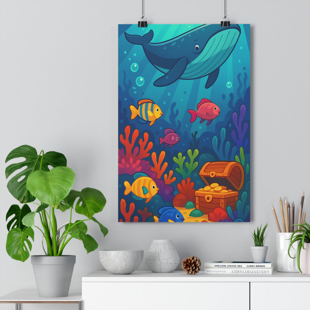 Poster décoratif mystique océan bleu vert joyeux chambre enfant aventure XXL lumineux trésor poissons